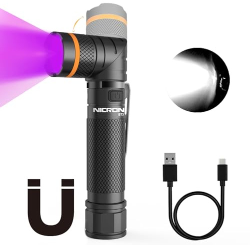 NICRON B75 UV Flashlight High Power Rechargeable LED 1000 Lumens 395nm Ultraviolet, 90 Degree 4 Modes Flashlight with Magnetic Base IP65 Waterproof for Outdoor Camping Night