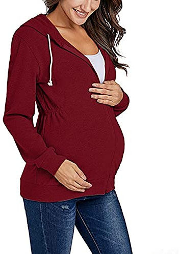 Umstandsmode für Schwangere Schwangerschaft lässige Sweatshirts Mutterschaft up Reißverschluss Frauen mit Taschen Kapuziner-Ärmellänge Lange Mutterschafts-Bluse Stilloberteile zum Stillen (Wine, XL)