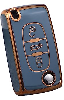 HIBEYO Autoschlüssel Hülle passt für Peugeot 207 407 308 607 Schlüsselhülle Silicone TPU Schutzhülle für Citroen C1 Picasso Berlingo C-Crosser Schlüssel Tasche Schlüsseletui KLAPP 3Tasten-Gold Grau