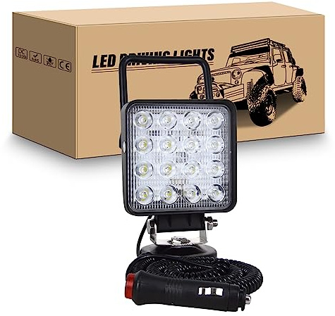 RIGIDON Led Arbeitsscheinwerfer mit Magnetfuß, 4 Zoll 48W Led Scheinwerfer | 12V 24V Spot Offroad Zusatzscheinwerfer, Zigarettenanzünder, 5 meter Kabel für Auto Traktor KFZ LKW 4x4 Camping Boot, 6000K