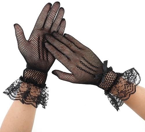 COMNICO 1 paio di guanti da donna in pizzo, eleganti accessori a mano, per matrimonio, cena, tea party, opera, balli, Halloween, cosplay (nero), Nero , Taglia unica