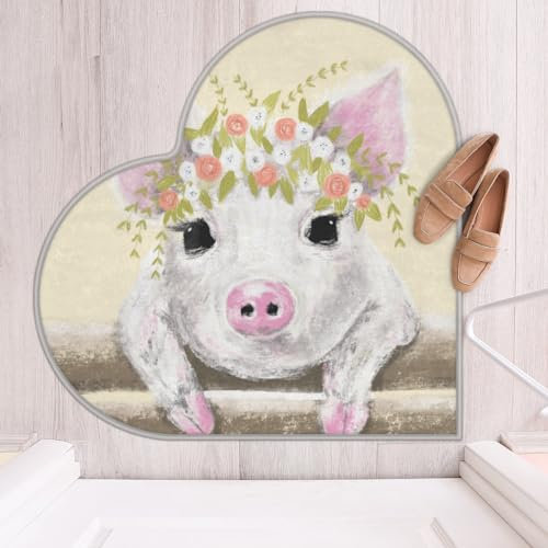 Niedlicher Blumenkranz Schwein Liebe Langes Haar Verdickte Boden Fußmatte Teppiche 80 cm, Little Pig Area Rug für Wohnzimmer Küche Schlafzimmer Waschbar rutschfest Bodenmatte Teppich