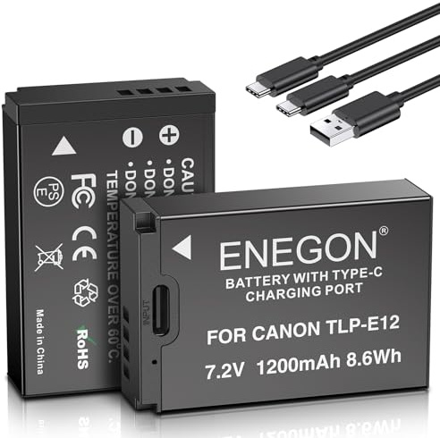 ENEGON LP-E12 USB-C Direktladung Ersatzakkus 1200mAh (2er-Pack) mit 2-in-1 USB-C Ladekabel für Canon Rebel SL1, PowerShot SX70 HS, EOS M, EOS M10, EOS M50, EOS M100, EOS M200 Digitalkameras