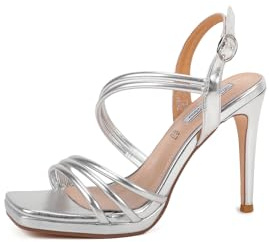 QUEEN HELENA ZM9627 ZM9627 Sandales à talon aiguilleté à plante large avec bande croisée, argent, 37 EU