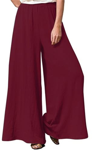 Hisanny Pantalon Palazzo en Lin pour Femme - Taille Haute élastique - avec Poches, Rouge vin, 5X-Large Plus