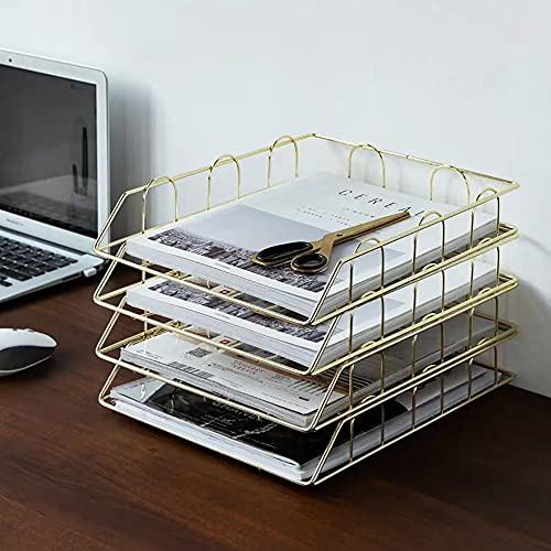 HINOPY A4 hylla brevfack, 4 fack metalldokument hylla stapelbar A4-pappershylla skrivbordsfack för kontor, skrivbord, brevpapper, dokument (guld)