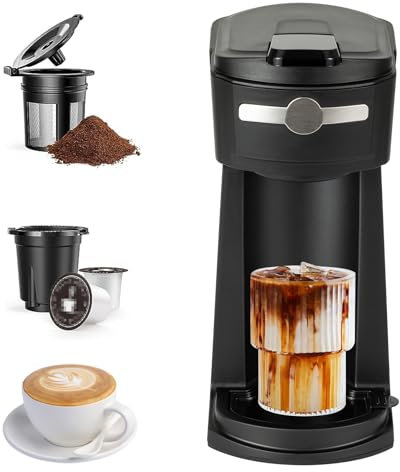 Single Serve K Cup Coffee Maker, 2 in 1 Machine, 6-14 oz Brew Sizes, Auto Shut-off and Reusable Filter, Uses Coffee Pods, Ground Coffee and Loose Leaf Tea,