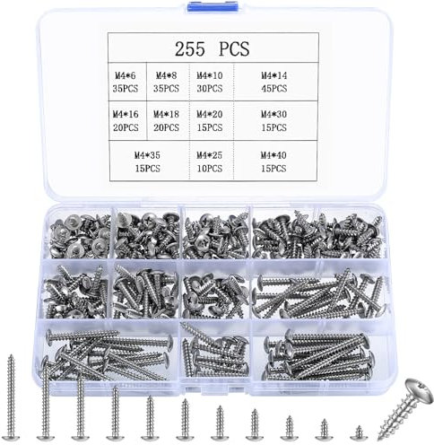 255 Pcs M4 Self Tapping Screws, Stainless Steel Pozi Flanged Phillips Pan Head for Wood Assortment, Round Truss Tapping for Woodwork Repairment