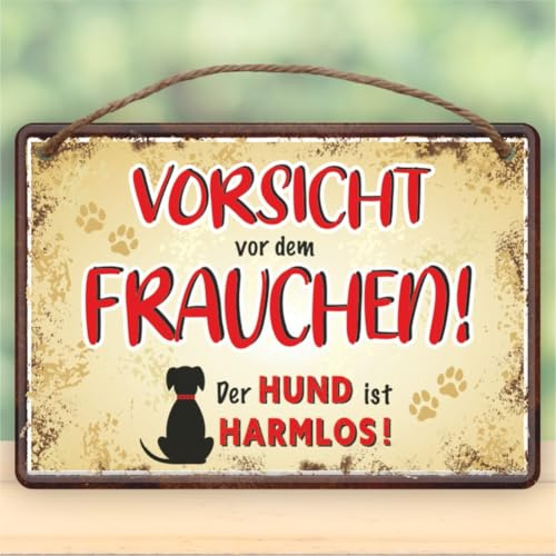 Blechschild mit Kordel zum Anhängen – Vorsicht vor dem Frauchen, der Hund ist harmlos – rostfreies Metallschild Türschild, Deko oder Geschenk Katzenliebhaber, Katzenbesitzer und Katzenfreunde
