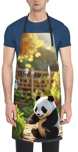YHBLYKXP Schürze mit Panda-Druck, Oxford-Stoff, Malschürze für Erwachsene, Kochschürze zum Kochen, Grillen, Backen, Grillen, Grillen,, Schwarz, Einheitsgröße