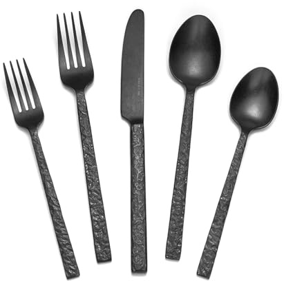 KINGSTONE 40 Pcs Black Hammered Silverware Set for 8, 18/10 Stainless Steel Heavy Duty Flatware Set, Tableware Cutlery Utensil Sets for Home Restaurant Dishwasher Safe