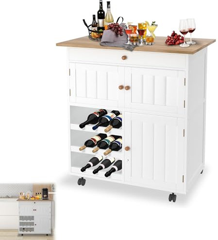 YRHome Küchenwagen auf Rollen Servierwagen Kücheninsel Holz Küchenwagen mit arbeitsplatte, Schrankfächer, Weinregale & Schublade Küchenschrank Küchentrolley Weiß - Typ A mit Weinregal 85x70x40cm
