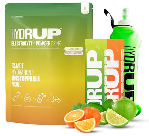 Electrolitos sin Azúcar 1733 mg con Botella Plegable de Silicona 500 ml – Hidratación Rápida y Energía al Instante con Sales de Sodio, Potasio, Cloruro y Vitaminas B C – 6 Sobres Sabor Mix– HYDRUP