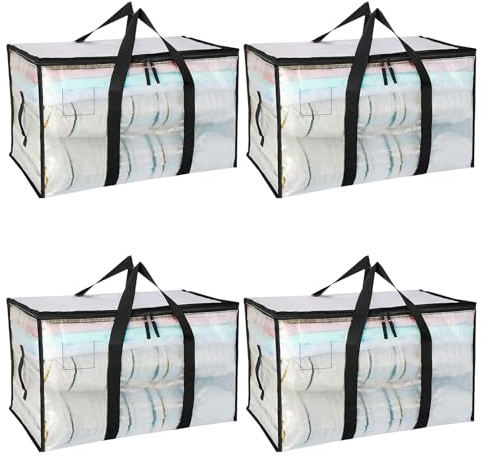 Pavlleen 4 Piezas 90L Bolsas Almacenaje Ropa Transparentes,Cajas Almacenaje Ropa,Paquetes Claro Bolsas para Guardar Ropa con Asa Reforzada,Para Ropa,Mantas,Juguetes