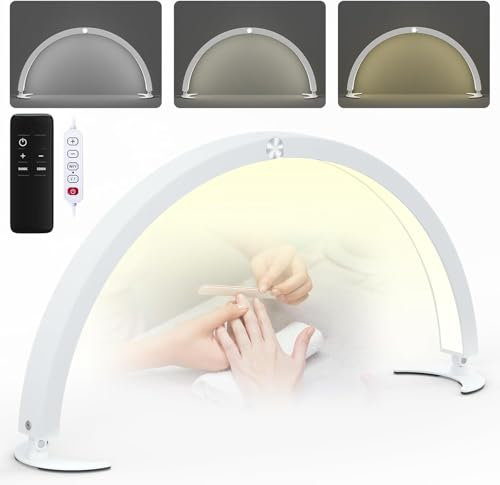 Lumière Demi Lune ongle de 73 cm, Lampe de table LED dotée d'un bouton et d'une télécommande, 3 Modes de Couleur et 10 Niveaux de Luminosité, Lampe de Beauté pour Tatouage, Manucure, Faux-Cils (Blanc)