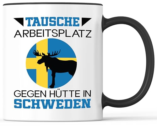 Tasse mit Spruch Tausche Arbeitsplatz gegen Hütte in Schweden Becher Elch Natur - lustiges Geschenk - Kaffeebecher als Geschenkidee - Kaffeetasse 330ml - Weiss-Schwarz