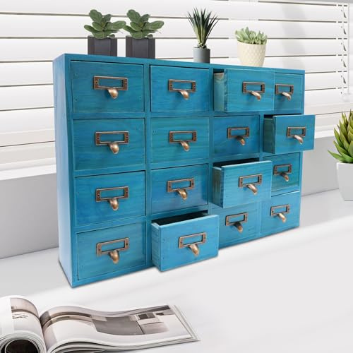 WSIKGHU 16 Schubladen Vintage Kommode, 50,5×9,5×35 cm Holz Organizer, Holzschreibtisch Schubladenorganisator, Kleine Kommode für Home Office Schreibtisch Organisation und Lagerung