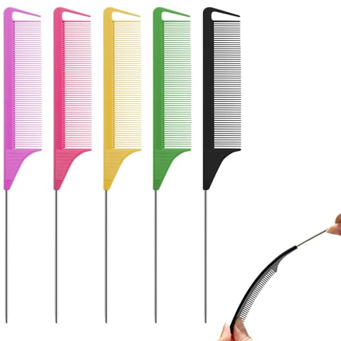 5 Pcs Tail Comb Hair Combs for Women Anti-Static Rat Tail Styling Highlighting Combs for Separating Hair Rat Comb Set Durable Lightweight (purple, rose, green, black, yellow)