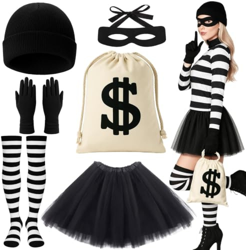 6Pcs Women Robber Costume Set, Girls Burglar Outfit with Tutu Skirt Thief Beanie Gloves Eye Mask Canvas Money Bag Striped Socks for Adult Halloween Cosplay World Book Day Fancy Dress Parties