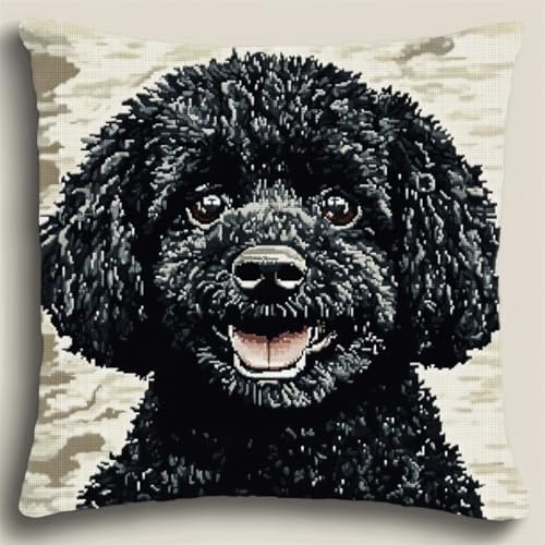 ANSIWEIGO DIY Latch Hook Kit Cushion Black Poodle Dog Animal Pillowcase Cushion Cover Making Set Statement Rug，DIY Latch Hook Kits for A Starter Project 17x17 inches
