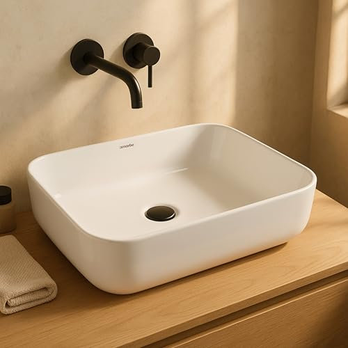 NORBE | Lavabo da appoggio in Ceramica | Lavandino in appoggio Bianco Lucido | Rettangolare (Bianco, 50 x 39 cm)