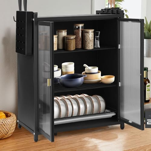 LONENESSL Kitchen Countertop Dish Storage Cabinet with Drawers, Multifunctional Bowls Drying Rack Cabinet, Dish Cabinet with Clear Door, Counter Cups Strainer Holder, Blacck (third layer)