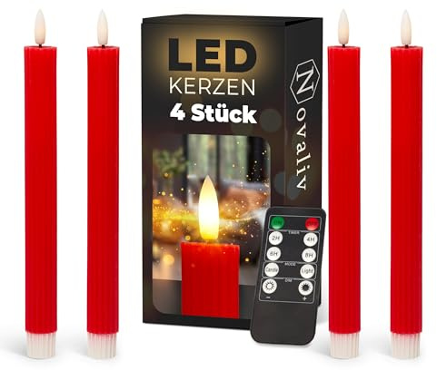 Stabkerzen LED mit Timer ROT 4 Stück ROT indoor - 6 Stunden - ECHTWACHS gerippt 23cm Höhe für Kerzen 2,2cm Durchmesser 2 AAA Batterien notwendig LED Stabkerzen flackernde Flamme bewegliche Flamme