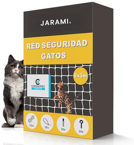 JARAMI - Red para Gatos terraza con Accesorios Incluidos - Red para Gatos Reforzada 8x3m - Malla Resistente y Duradera para Balcón, Terraza y Ventana - Malla Protectora Balcon.