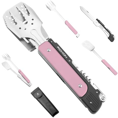 ROXON S601 14 6 in 1 MBT3 Folding Grill Utensils Set Fork Spatula Grilling Knife Tongs Opener for Backyard Barbecue and Camping (Pink)