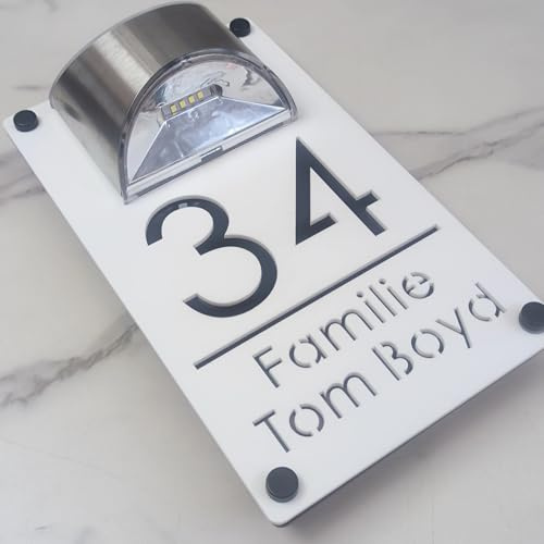 Plaque de numéro de maison LED solaire personnalisée, panneau de porte extérieur en acrylique 3D, panneau solaire personnalisé pour numéro de maison extérieur (texte noir)