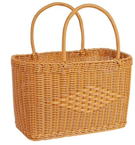 Big Picnic Basket-40cm Diameter with Handles Handmade Plastic Rattan Woven Basket Multifunctional Woven Storage Basket, Storage Basket for Camping,Shopping, Market, Birthday, Wedding,Picnic, Party