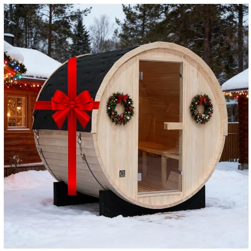 amocane Sauna à vapeur extérieur en bois à faible EMF pour 2 à 4 personnes pour la maison, spa traditionnel avec chauffage complet de 4,5 kW, roches, seau, système étanche (180 x 150 x 180 cm)