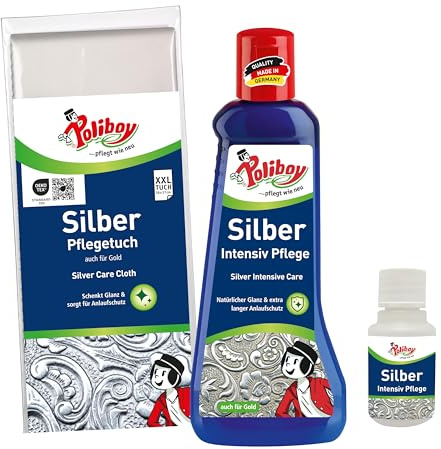 POLIBOY Silberpflege Set - Silber Intensiv Pflege & Silber Pflegetuch zur Reinigung von Schmuck, Besteck & Dekoration - Für Silber, Gold & Versilbertem - Mit Produktprobe - Made in Germany