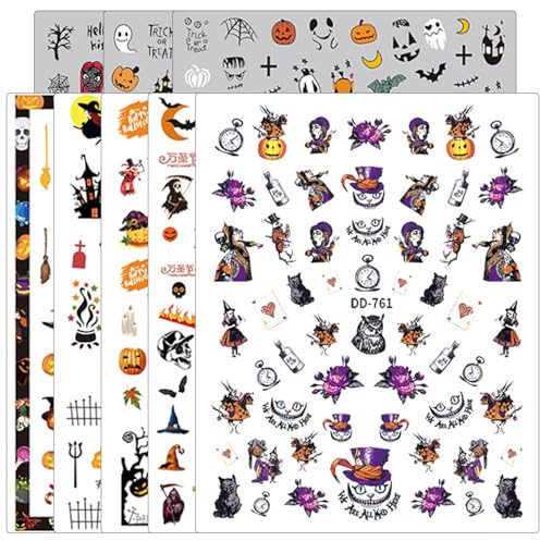 8 Blätter Halloween Nagelsticker, Selbstklebende Nail Art Aufkleber mit Kürbis, Geist, Fledermaus, Schädel & Spinnennetz Motiven, DIY Nageldesign Zubehör für Party & Karneval