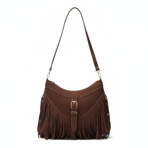 AuSletie Shoulder Bag for Women,Vintage Fringe Crossbody Shoulder Bag with Adjustable Wide Strap, Spacious Boho Purse (Brown)