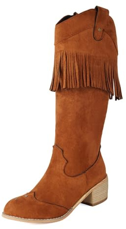Dam westernstövlar med fransar, 5 cm blockklack i mocka knähöga stövlar med nitar och bekväma cowboystövlar stora storlekar rund tå slip-on-skor för vintern,Brown,41 EU