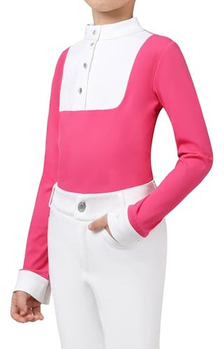 Charmsphere Girls Equestrian Show Shirt for Kids, Horse Riding Competition Top, White Stand Collar (XS–L) Hot Pink S
