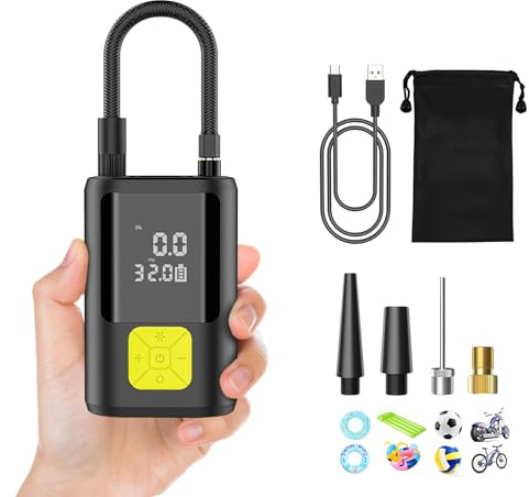 6000Mah Compresor Aire Portatil, 150PSI Inflador Ruedas Coche Mini Bomba de Aire Bicicleta Electrica con Pantalla LCD Digital y Linterna LED con 4 Boquillas para Coches, Motos, Bicicletas Pelota
