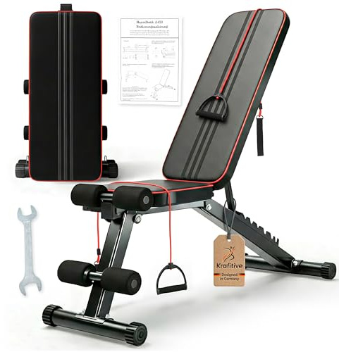 Krafitive® 7-in-1 Hantelbank klappbar & verstellbar, bis 200kg belastbar | Schrägbank, Fitnessbank, Trainingsbank, Rückentrainer, platzsparend, 7 Positionen verstellbar, inkl. 2 Widerstandsbänder
