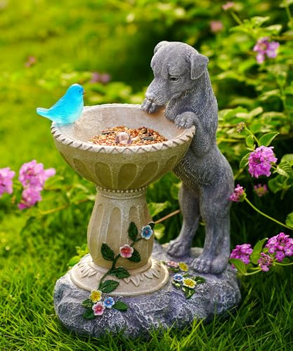 Goodeco Solar Hunde-Gartenfigur mit LED-Vogellicht, Wetterfest, Grau | Wasserdichte Dekoration für Garten, Balkon, Terrasse, Liebevolle Geschenkidee für Hundebesitzer, Frauen und Mama