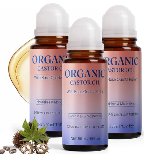 Rizinusöl Kaltgepresst Bio Roll On mit Rosenquarz, Rizinusöl Kaltgepresst Bio Für Haut,Organic Castor Oil Roll On für Haut, Gesicht, Körper, Haare, Wimpern und Augenbrauen | Glasflasche, 50ml (3PC)