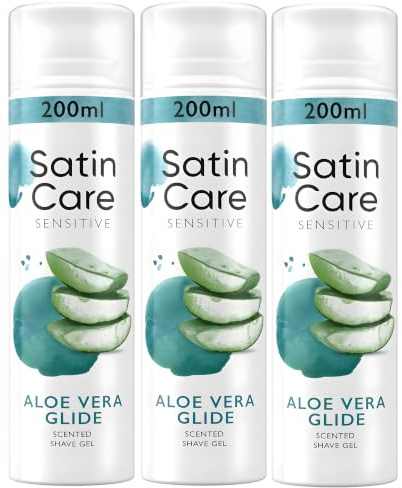3x Satin Care Sensitive Aloe Vera Shaving Gel for Women 200ml Moisturising Formula for Sensitive Skin Smooth Razor Glide Helps Protect Against Irritation Suitable for Legs and Body