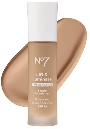 No7 Lift & Luminate Triple Action Serum Foundation - Honey - Liquid Foundation Makeup with SPF 15 for Dewy, Glowy Base - Radiant Serum Foundation for Mature Skin (30ml)