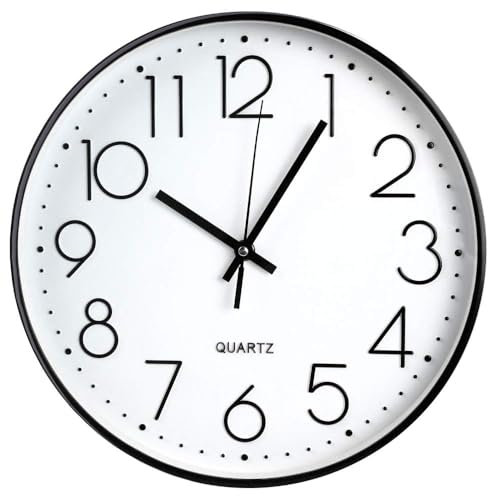 TOHOOYO Wall Clock 12 Inch Non-ticking Silent Quartz Decorative Clocks with Stereoscopic Dial Ultra-Quiet Movement Quartz for Office Classroom Home Living Room Bedroom Kitchen (Black)