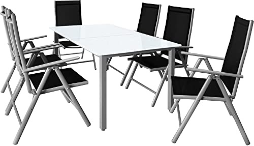 CASARIA Comedor de Jardín Bern 6+1 Aluminio 1 Mesa 150x90 y 6 Sillas Plegables 8 Posiciones Plata 7Pzs