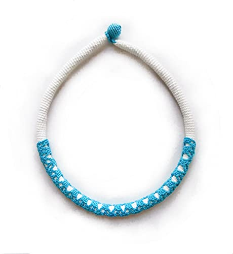 collana all'uncinetto, collana con pizzo bianca e azzurra