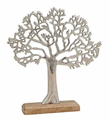 Alu Deko Lebensbaum auf Mangoholz Silber - 33x30 cm | Baum Tischdeko Fensterdeko Holz Dekoration Baum Aluminium Mango
