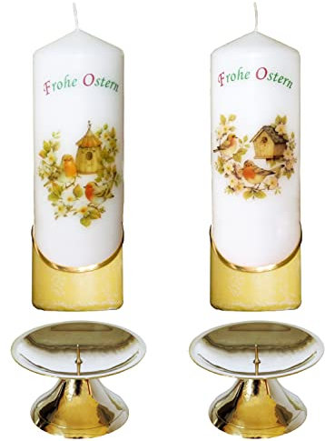 AUSWAHL * 2 Stück Osterkerze Stumpenkerze Osterdeko * 6 x 18 cm * inkl. 2 Kerzenständer aus Messing * mit farbigen Wachs- und Bildauflagen * AUSWAHL Motiv + Farbe * gelb * (Serie 5/Set 2122)