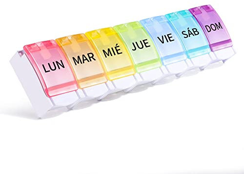 Opret Pastillero Semanal 1 Tomas Español, Pastillero Diario Grande con Interruptor de Expulsión, Organizador Pastillas 7 Dias y Dispensador Comprimidos para Viaje
