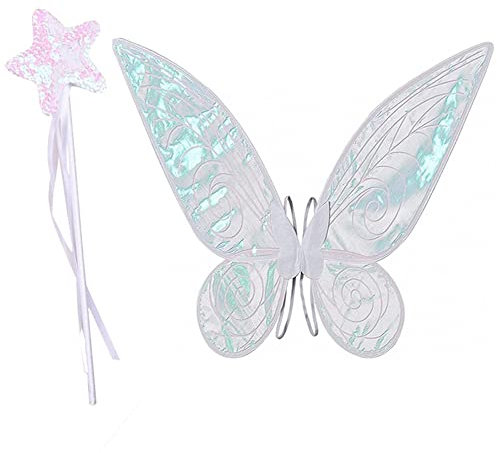Aunaeyw Fee Flügel für Mädchen Kinder Erwachsene Schmetterling Fee Flügel Elf Engel Flügel Halloween Kostüm für Sparkle Princess Party Favor (White fairy wings with Magic Wand)